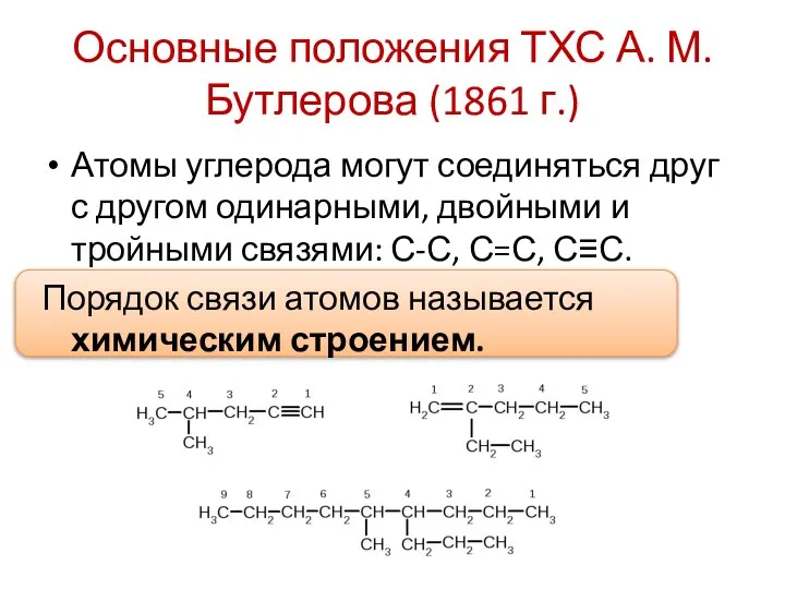 Основные положения ТХС А. М. Бутлерова (1861 г.) Атомы углерода могут соединяться