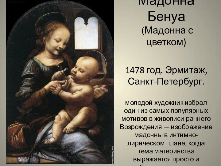 Мадонна Бенуа (Мадонна с цветком) 1478 год. Эрмитаж, Санкт-Петербург. молодой художник избрал