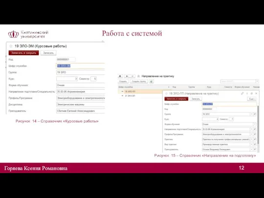 Работа с системой Горяева Ксения Романовна Рисунок 14 – Справочник «Курсовые работы»