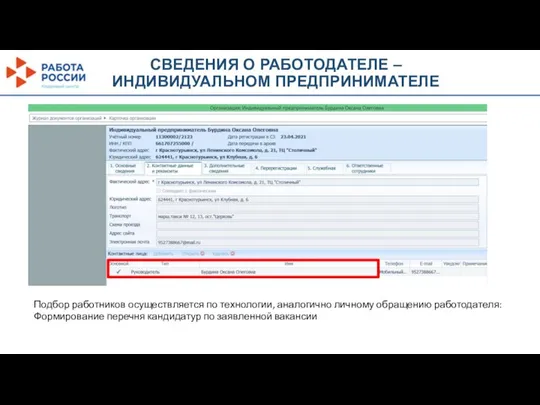 СВЕДЕНИЯ О РАБОТОДАТЕЛЕ – ИНДИВИДУАЛЬНОМ ПРЕДПРИНИМАТЕЛЕ Подбор работников осуществляется по технологии, аналогично