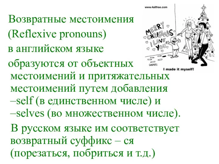 Возвратные местоимения (Reflexive pronouns) в английском языке образуются от объектных местоимений и