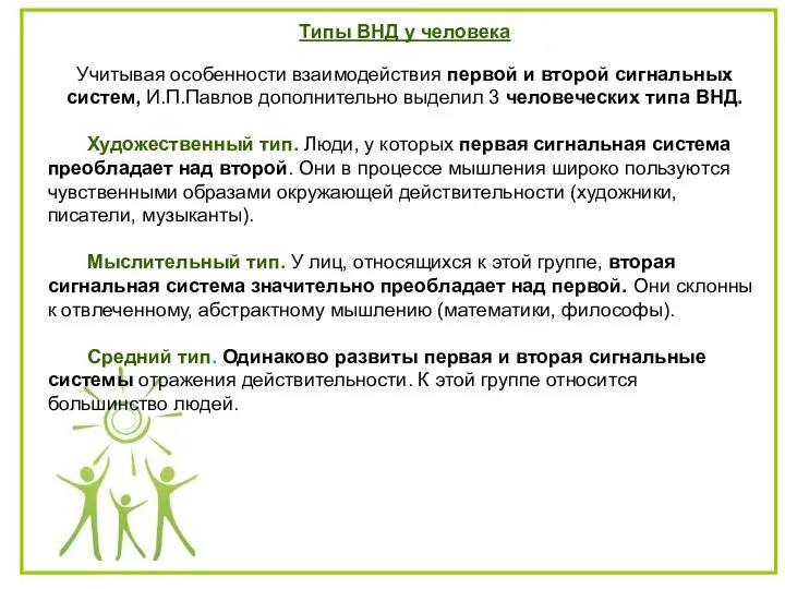 Типы ВНД у человека Учитывая особенности взаимодействия первой и второй сигнальных систем,