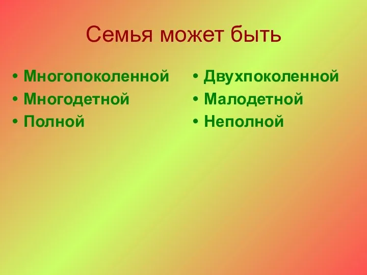 Семья может быть Многопоколенной Многодетной Полной Двухпоколенной Малодетной Неполной