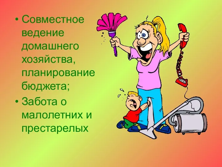 Совместное ведение домашнего хозяйства, планирование бюджета; Забота о малолетних и престарелых