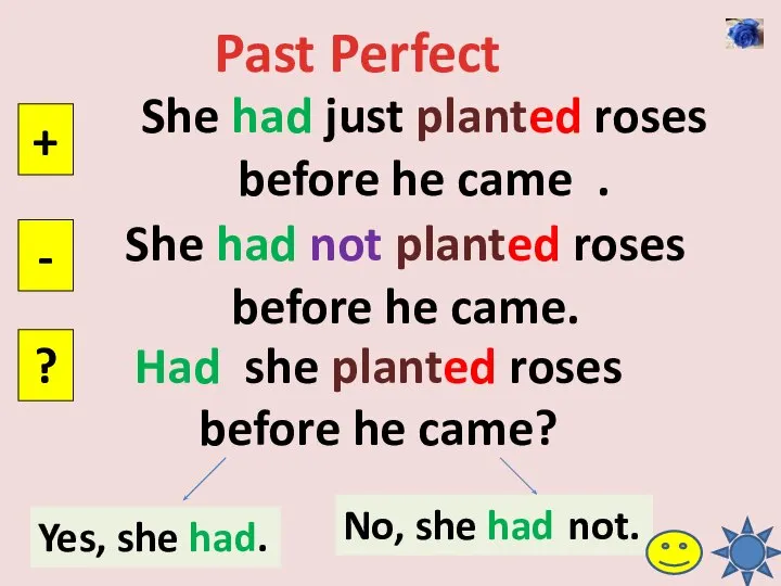 Past Perfect She had just planted roses before he came . +