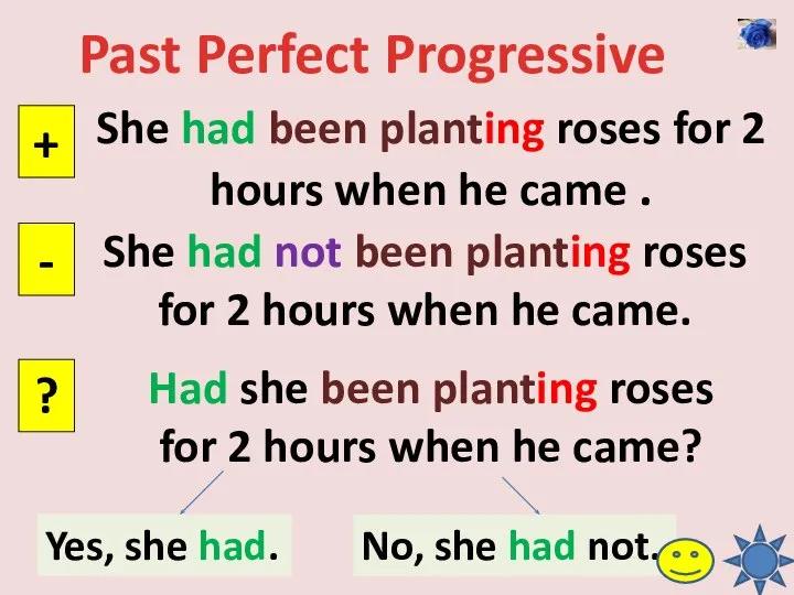 Past Perfect Progressive She had been planting roses for 2 hours when