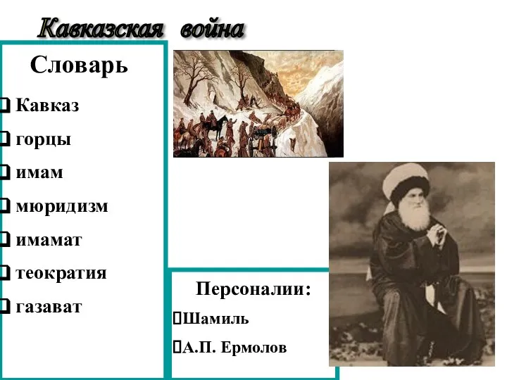 Словарь Кавказ горцы имам мюридизм имамат теократия газават Персоналии: Шамиль А.П. Ермолов Кавказская война