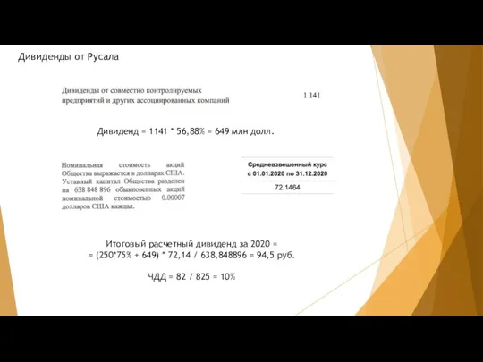 Дивиденды от Русала Дивиденд = 1141 * 56,88% = 649 млн долл.