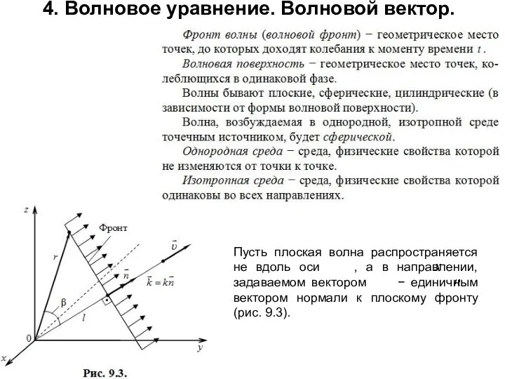 4. Волновое уравнение. Волновой вектор. Пусть плоская волна распространяется не вдоль оси