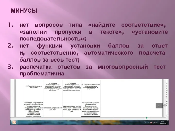 МИНУСЫ нет вопросов типа «найдите соответствие», «заполни пропуски в тексте», «установите последовательность»;