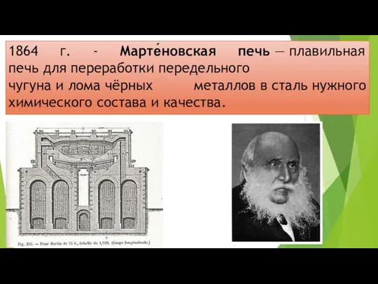 1864 г. - Марте́новская печь — плавильная печь для переработки передельного чугуна