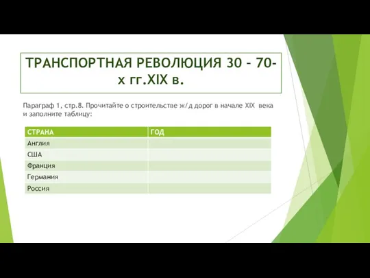 ТРАНСПОРТНАЯ РЕВОЛЮЦИЯ 30 – 70-х гг.XIX в. Параграф 1, стр.8. Прочитайте о