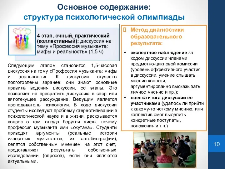 Основное содержание: структура психологической олимпиады Следующим этапом становится 1,5-часовая дискуссия на тему