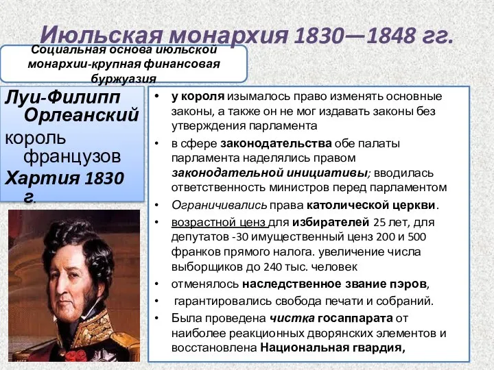 Социальная основа июльской монархии-крупная финансовая буржуазия Июльская монархия 1830—1848 гг. Луи-Филипп Орлеанский
