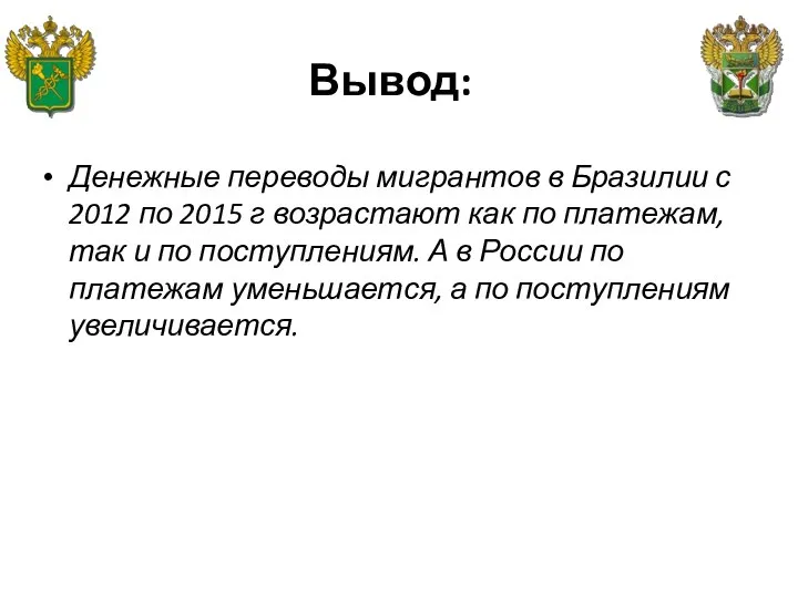 Вывод: Денежные переводы мигрантов в Бразилии с 2012 по 2015 г возрастают