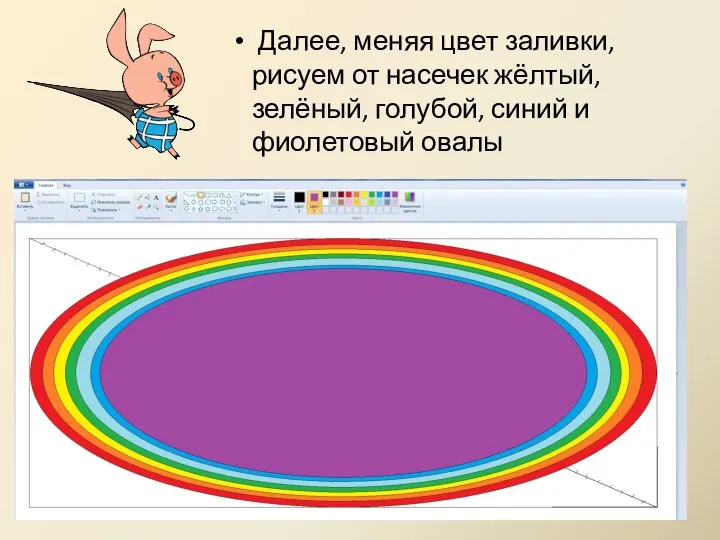 Далее, меняя цвет заливки, рисуем от насечек жёлтый, зелёный, голубой, синий и фиолетовый овалы