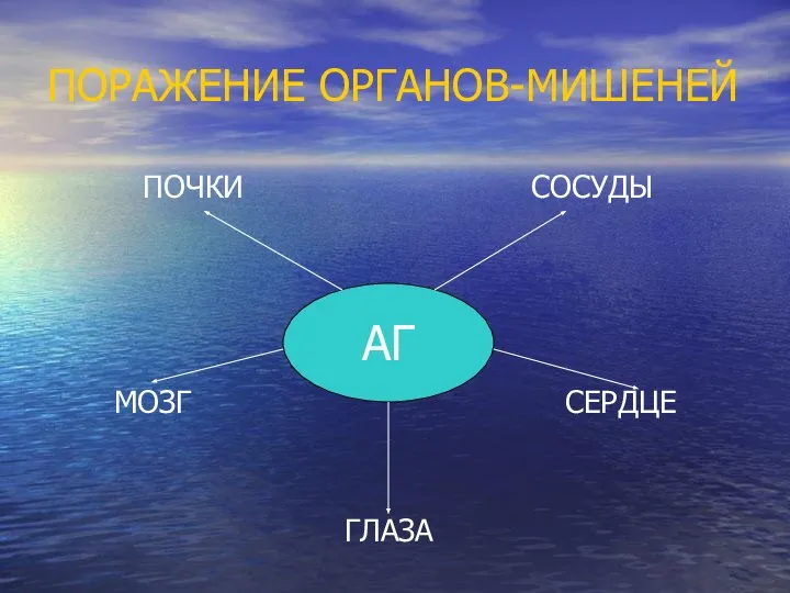 ПОРАЖЕНИЕ ОРГАНОВ-МИШЕНЕЙ ПОЧКИ СОСУДЫ МОЗГ СЕРДЦЕ ГЛАЗА АГ