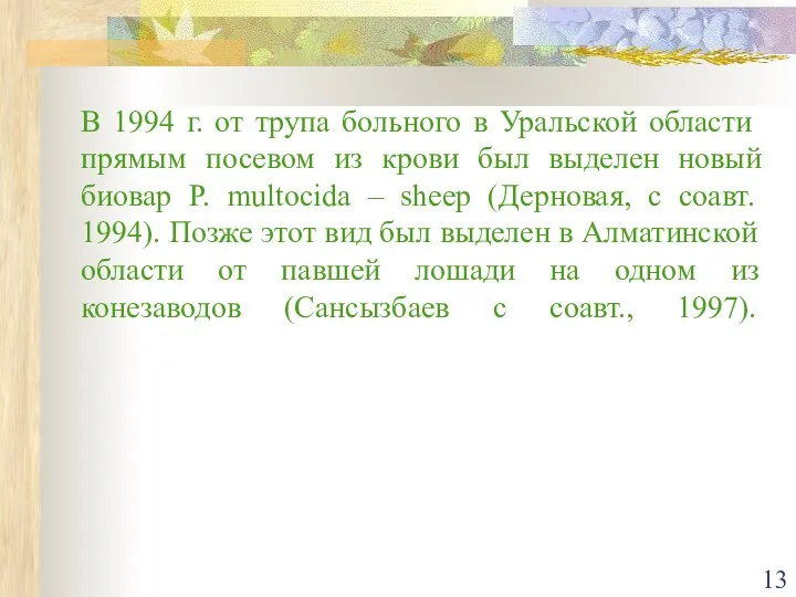 В 1994 г. от трупа больного в Уральской области прямым посевом из