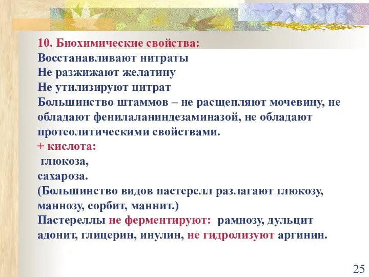 10. Биохимические свойства: Восстанавливают нитраты Не разжижают желатину Не утилизируют цитрат Большинство