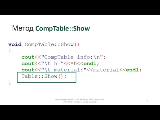 Метод CompTable::Show Программирование: ООП. Кафедра ЮНЕСКО по ИВТ ИФН КемГУ, ст.преп. Бондарева Л.В.