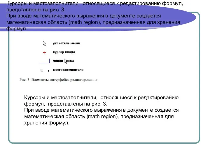 Курсоры и местозаполнители, относящиеся к редактированию формул, представлены на рис. 3. При