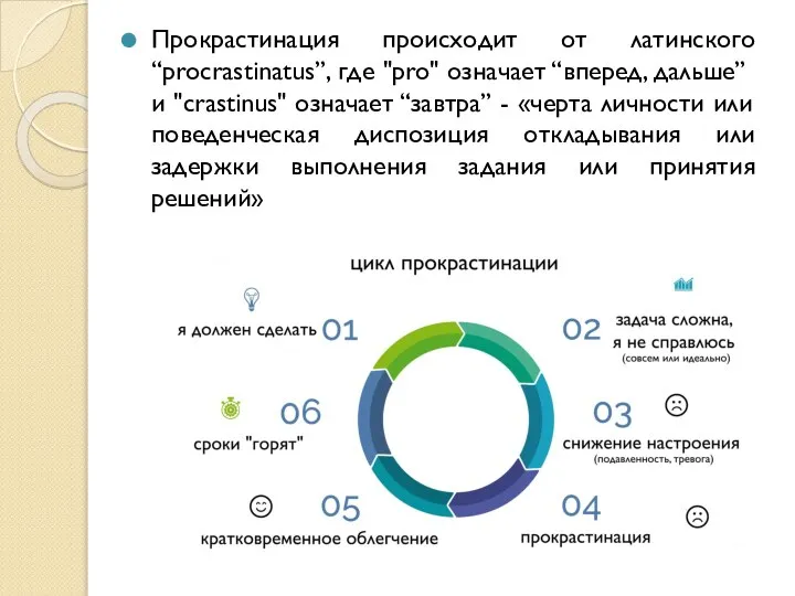 Прокрастинация происходит от латинского “procrastinatus”, где "pro" означает “вперед, дальше” и "crastinus"