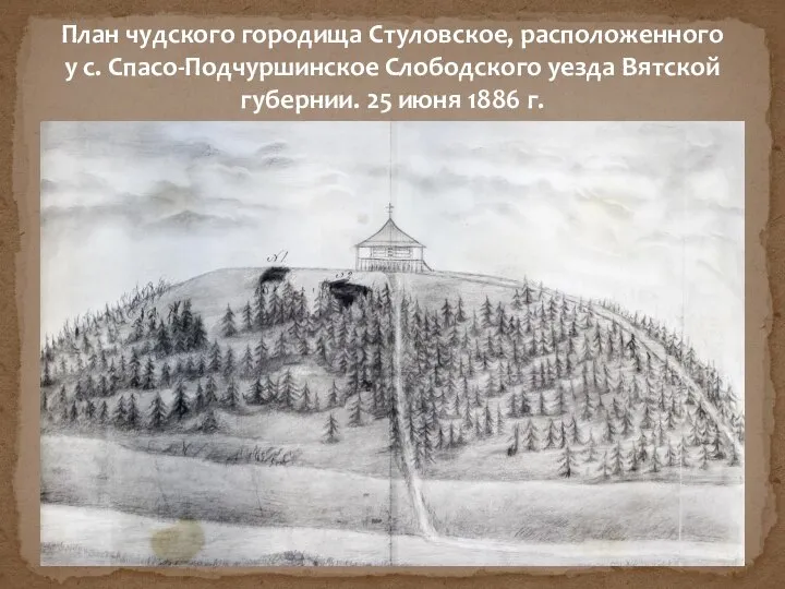 План чудского городища Стуловское, расположенного у с. Спасо-Подчуршинское Слободского уезда Вятской губернии. 25 июня 1886 г.