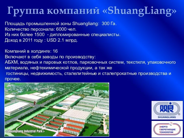 Группа компаний «ShuangLiang» Площадь промышленной зоны Shuangliang: 300 Га. Количество персонала: 6000