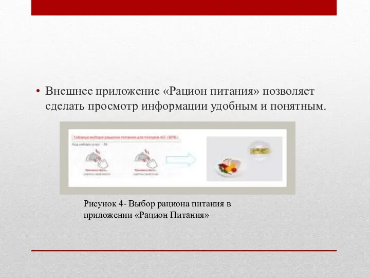 Внешнее приложение «Рацион питания» позволяет сделать просмотр информации удобным и понятным. Рисунок