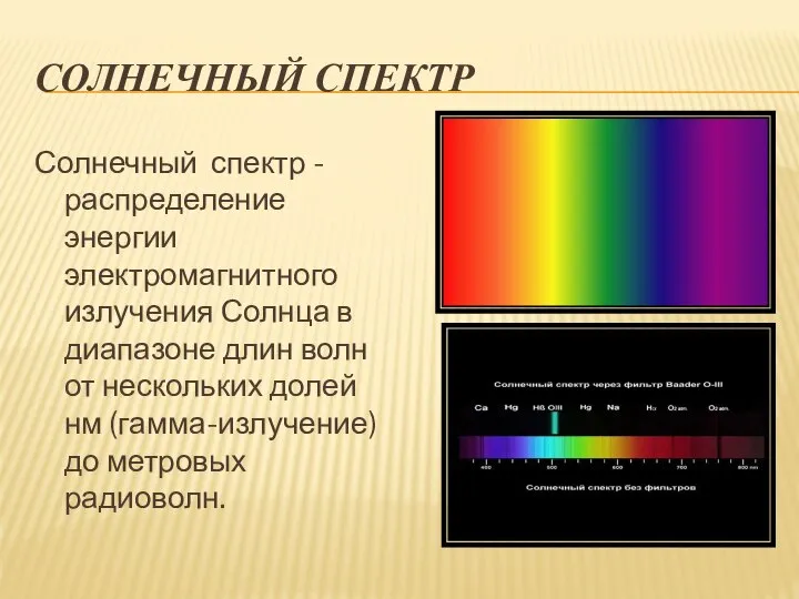 СОЛНЕЧНЫЙ СПЕКТР Солнечный спектр - распределение энергии электромагнитного излучения Солнца в диапазоне