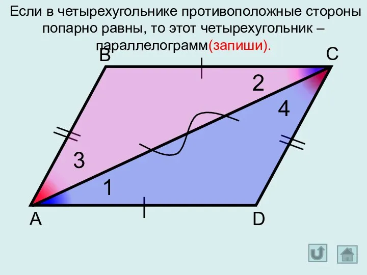 Если в четырехугольнике противоположные стороны попарно равны, то этот четырехугольник – параллелограмм(запиши).