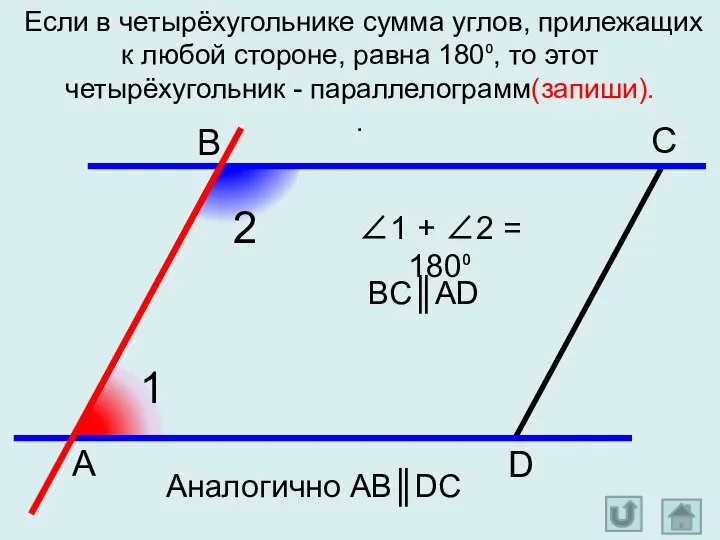 Если в четырёхугольнике сумма углов, прилежащих к любой стороне, равна 180⁰, то