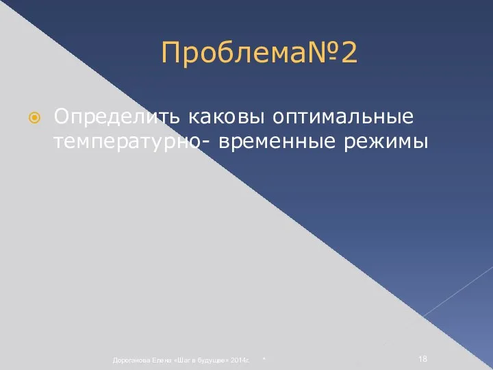 * Дороганова Елена «Шаг в будущее» 2014г. Проблема№2 Определить каковы оптимальные температурно- временные режимы