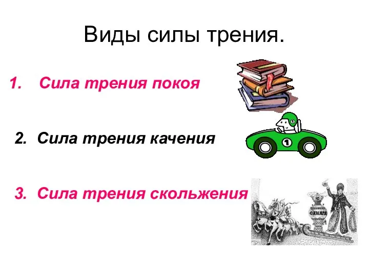 Виды силы трения. Сила трения покоя 3. Сила трения скольжения 2. Сила трения качения