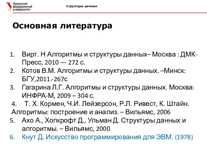 Структуры данных Основная литература Вирт. Н Алгоритмы и структуры данных– Москва :