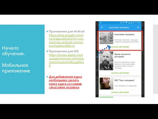 Начало обучения. Мобильное приложение Приложение для Android https://play.google.com/store/apps/details?id=com.memrise.android.memrisecompanion&hl=ru Приложение для iOS https://itunes.apple.com/us/app/memrise-ultimate-memorisation/id635966718