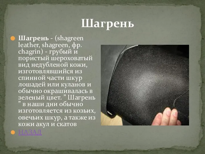 Шагрень Шагрень - (shagreen leather, shagreen, фр. chagrin) - грубый и пористый