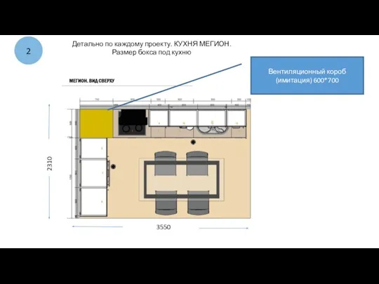 2 Детально по каждому проекту. КУХНЯ МЕГИОН. Размер бокса под кухню Вентиляционный короб (имитация) 600*700