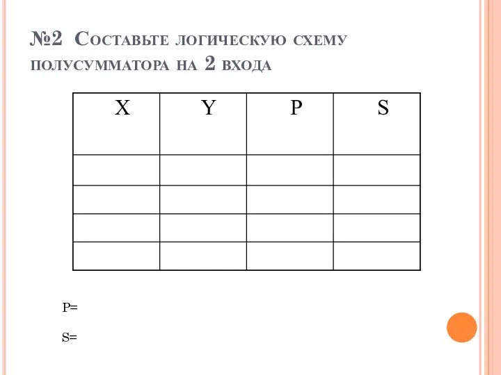 №2 Составьте логическую схему полусумматора на 2 входа P= S=