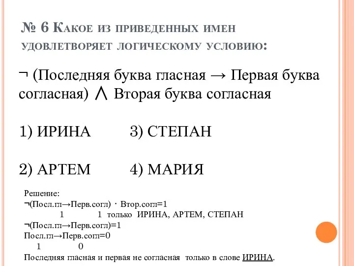 № 6 Какое из приведенных имен удовлетворяет логическому условию: ¬ (Последняя буква