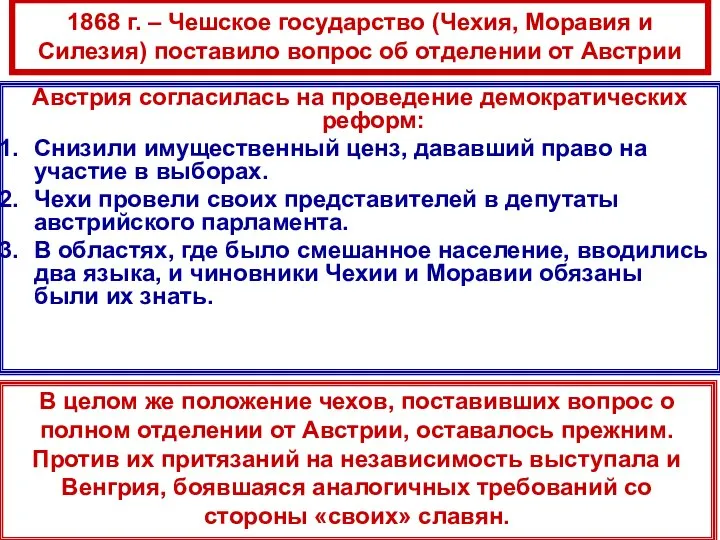 1868 г. – Чешское государство (Чехия, Моравия и Силезия) поставило вопрос об