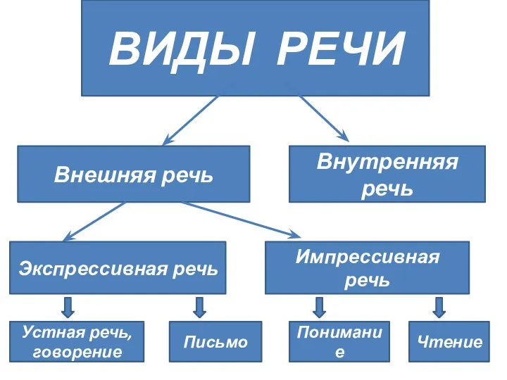 ВИДЫ РЕЧИ Внешняя речь Внутренняя речь Экспрессивная речь Импрессивная речь Устная речь, говорение Письмо Понимание Чтение