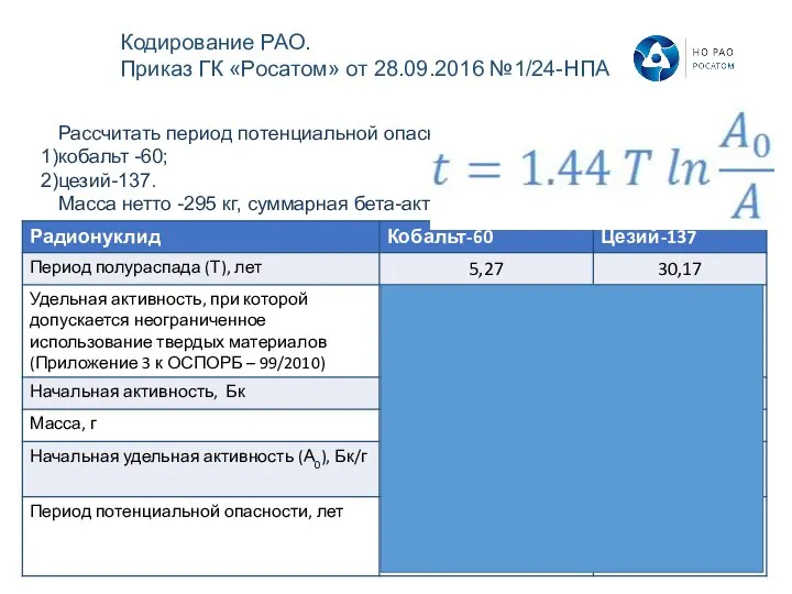 Рассчитать период потенциальной опасности для ТРО, содержащих кобальт -60; цезий-137. Масса нетто