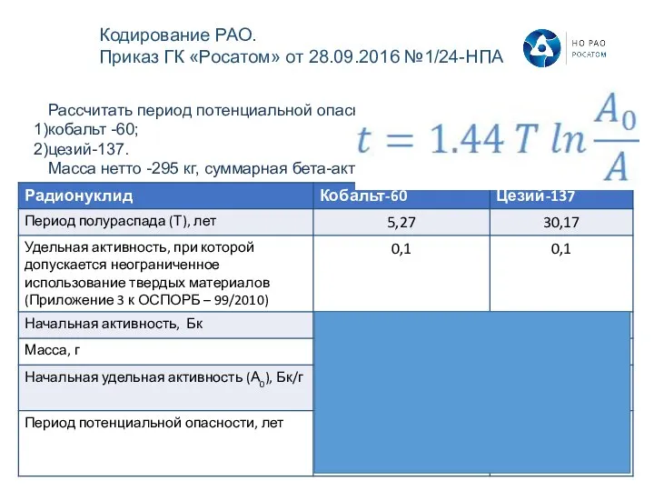 Рассчитать период потенциальной опасности для ТРО, содержащих кобальт -60; цезий-137. Масса нетто