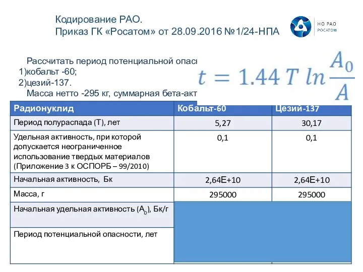 Рассчитать период потенциальной опасности для ТРО, содержащих кобальт -60; цезий-137. Масса нетто