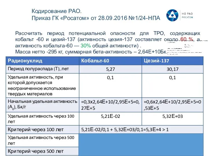 Рассчитать период потенциальной опасности для ТРО, содержащих кобальт -60 и цезий-137 (активность