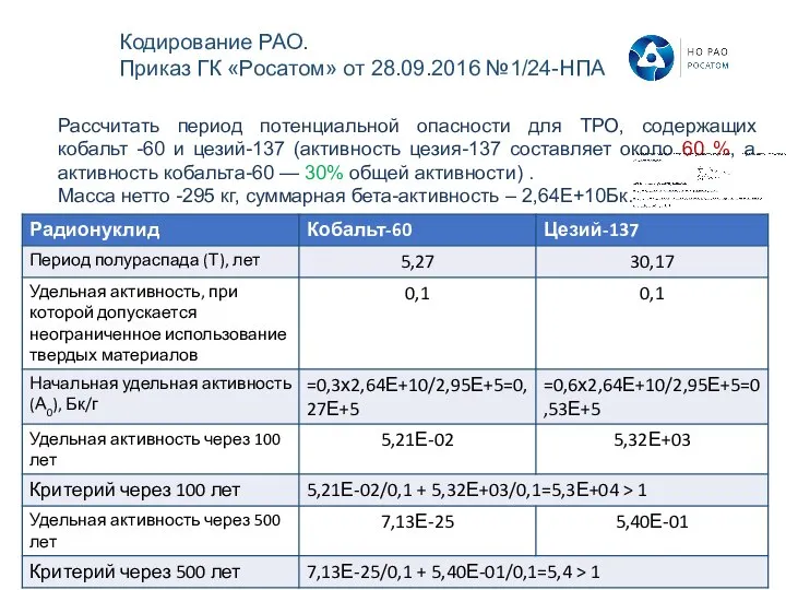 Рассчитать период потенциальной опасности для ТРО, содержащих кобальт -60 и цезий-137 (активность