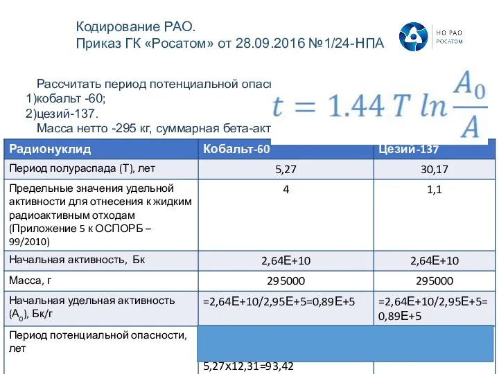 Рассчитать период потенциальной опасности для ЖРО, содержащих кобальт -60; цезий-137. Масса нетто