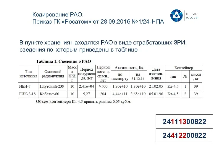 В пункте хранения находятся РАО в виде отработавших ЗРИ, сведения по которым