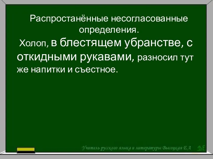 Распростанённые несогласованные определения. Холоп, в блестящем убранстве, с откидными рукавами, разносил тут же напитки и съестное.